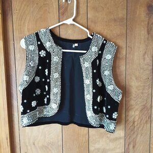 Vintage Black Velvet Heavy Silver White Beaded Cropped Vest Bolero Size 16